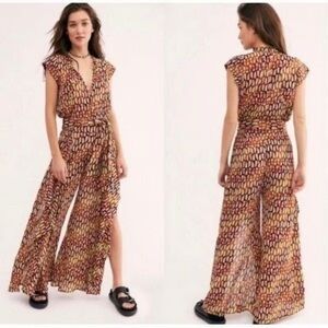 Free People FP One | Green Printed Sahara Jumpsuit Hand Painted Split Leg Small